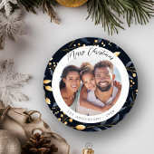 青とモダン金ゴールドのクリスマスリーフラウンド写真 シーズンカード