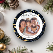 青とモダン金ゴールドのクリスマスリーフラウンド写真 シーズンカード