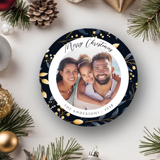 青とモダン金ゴールドのクリスマスリーフラウンド写真 シーズンカード