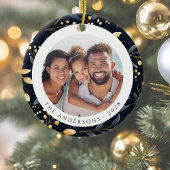 青とモダン金ゴールドのクリスマスリーフラウンド写真 セラミックオーナメント