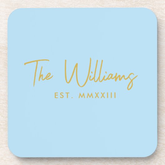 青とモダン金ゴールドのスクリプトの作成日 コースター (正面)