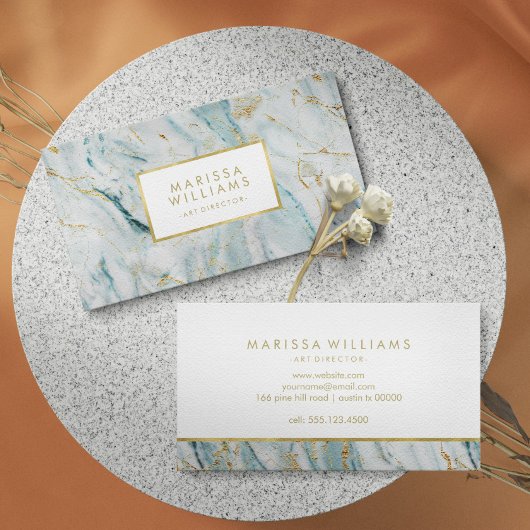 青とモダン金ゴールドの大理石テクスチャ 名刺
