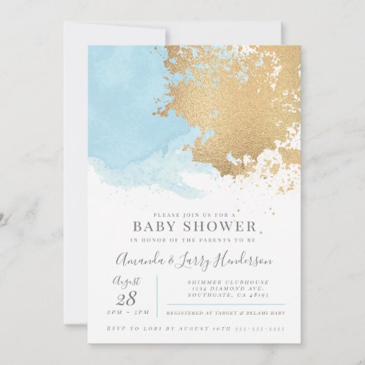青とモダン金ゴールドの水彩赤ちゃんシャワー 招待状 (正面)