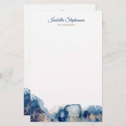 青とモダン金ゴールドの水色インクのパーソナライズ 便箋 (正面/裏面)