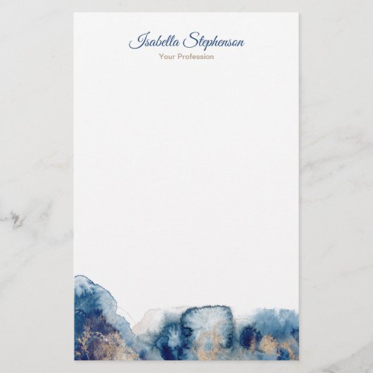 青とモダン金ゴールドの水色インクのパーソナライズ 便箋 (正面)