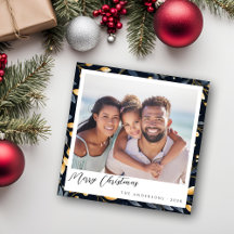 青とモダン金ゴールドクリスマスリーフの正方形の写真