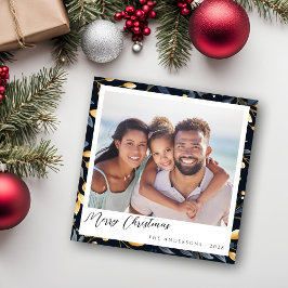 青とモダン金ゴールドクリスマスリーフの正方形の写真 シーズンカード