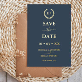 青とモダン金ゴールドフォトモノグラム日付を保存 箔招待状