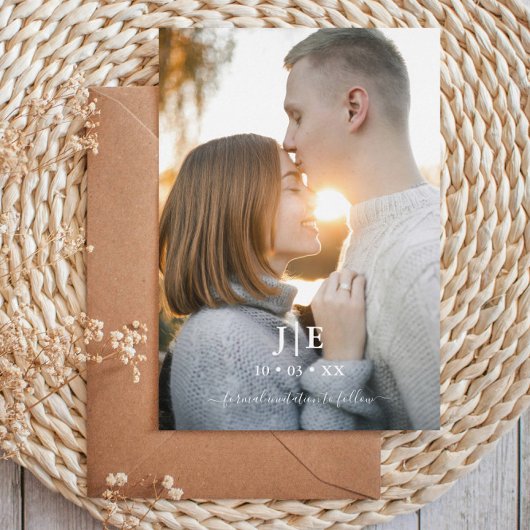 青とモダン金ゴールドフォトモノグラム日付を保存 箔招待状