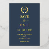 青とモダン金ゴールドフォトモノグラム日付を保存 箔招待状 (正面)