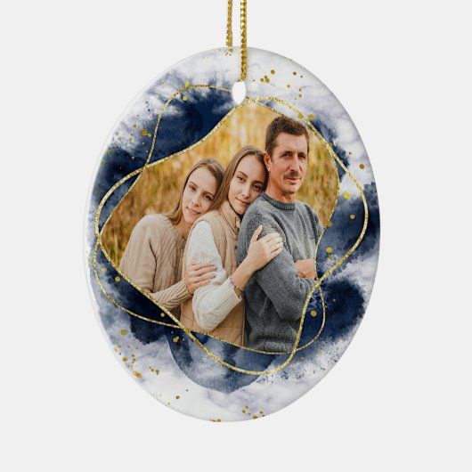青とモダン金ゴールド2021写真クリスマス セラミックオーナメント (右)
