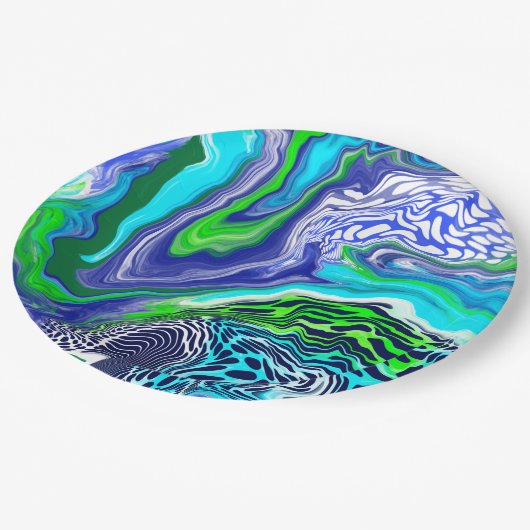 青とライムグリーンマーブルスワーズ誕生日 ペーパープレート (アングル)