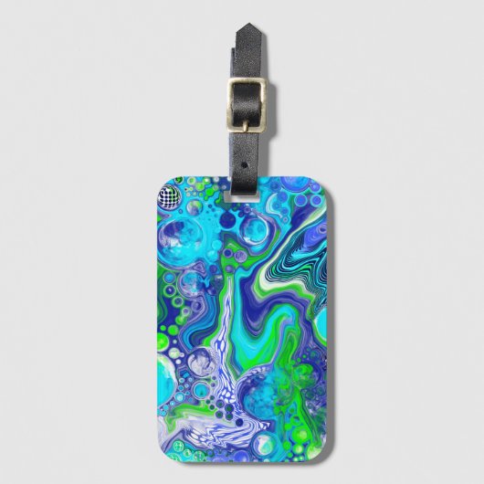 青とライムグリーン大理石の注絵画ぐ効果 ラゲッジタグ (正面縦)