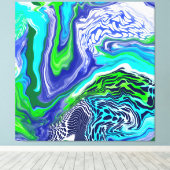 青とライムグリーン大理石の渦巻き キャンバスプリント (インサイチュ (ウッドフロア))