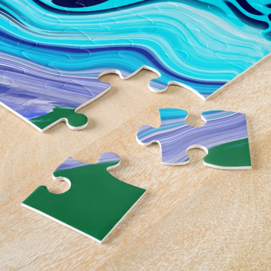 青とライムグリーン大理石の渦巻き ジグソーパズル (側面)