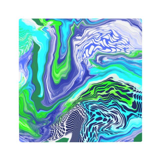青とライムグリーン大理石の渦巻き メタルプリント (正面)