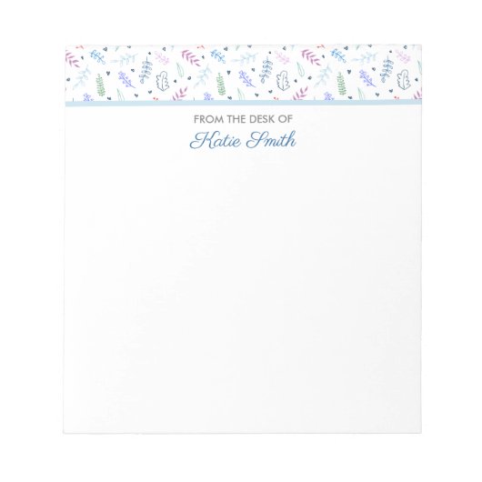 青とラベンダーの葉ハートパターン ノートパッド (正面)