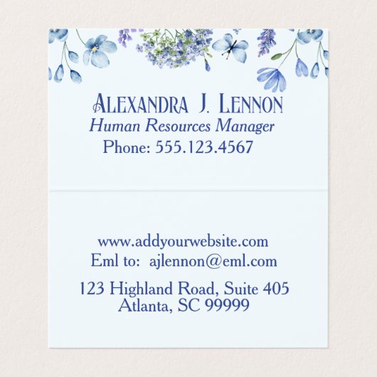 青とラベンダーワイルドフラワーガーデンを折り畳み 名刺 (内部フラット)
