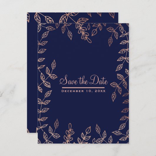 青とローズゴールドの輝くボタニカル・セーブ・ザ・デート 案内ポストカード (正面/裏面)