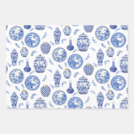 青と中国の白のフローラジンジャージャーズヴィンテージ ラッピングペーパーシート