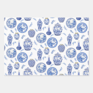 青と中国の白のフローラジンジャージャーズヴィンテージ ラッピングペーパーシート