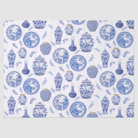 青と中国の白のフローラヴィンテージジンジャーズ 薄葉紙 (正面)