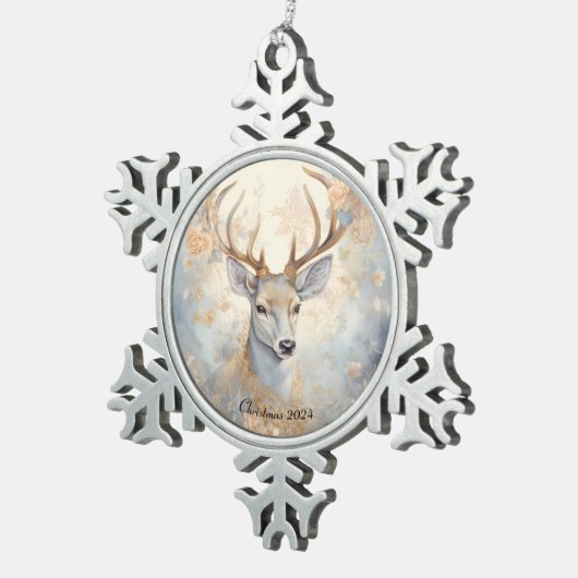 青と威厳のある金ゴールドのクリスマストナカイ スノーフレークピューターオーナメント (右)