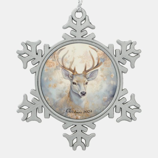 青と威厳のある金ゴールドのクリスマストナカイ スノーフレークピューターオーナメント (正面)