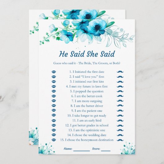 青と彼は彼女はブライダルシャワーのゲームカードを言った 招待状 (正面/裏面)