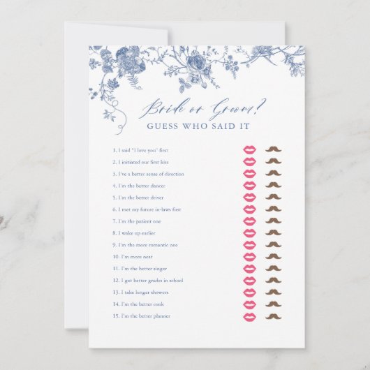 青と彼は彼女はブライダルシャワーのゲームカードを言った 招待状 (正面)