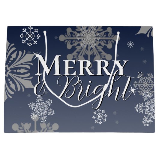 青と明メリーるい雪の結晶クリスマス ラージペーパーバッグ (正面)