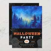 青と月に照らされた森のブラックハロウィーン 招待状 (正面/裏面)