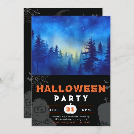 青と月に照らされた森のブラックハロウィーン 招待状 (正面/裏面)