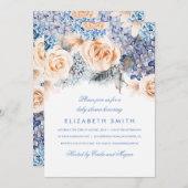 青と桃の水色の花模様ベビーシャワー 招待状 (正面/裏面)