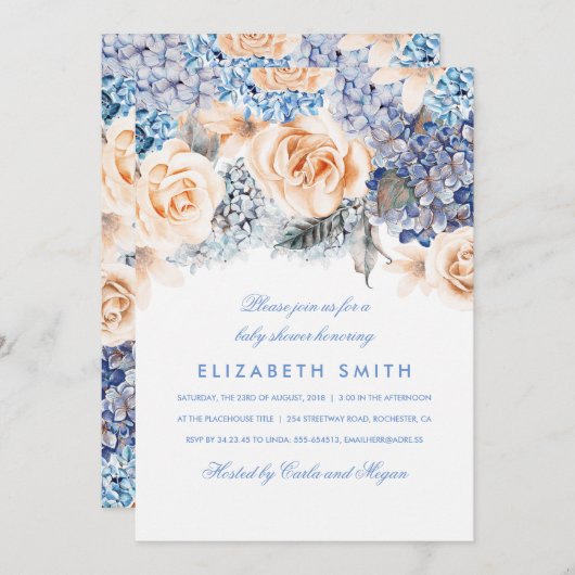 青と桃の水色の花模様ベビーシャワー 招待状 (正面/裏面)