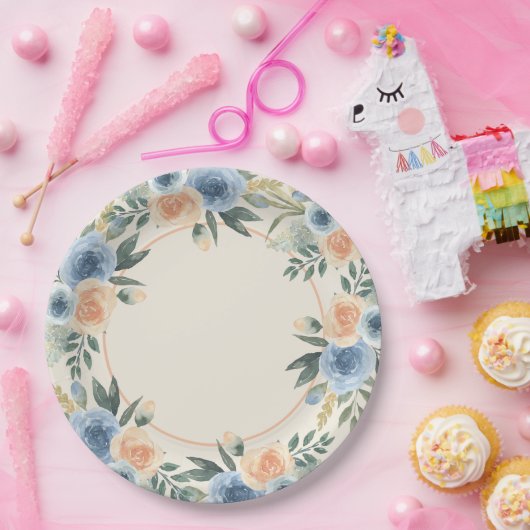 青と桃の水色の花 ペーパープレート (パーティー)