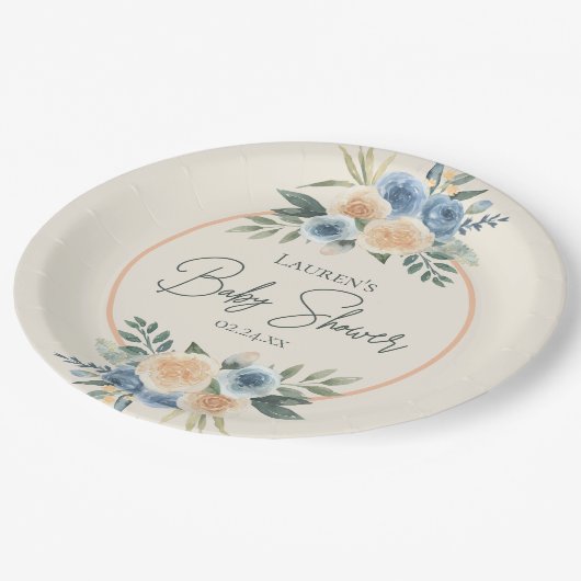 青と桃の水色フローラ赤ちゃんシャワー ペーパープレート (アングル)