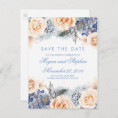 青と桃の花の水色保存日付 案内ポストカード (正面/裏面)