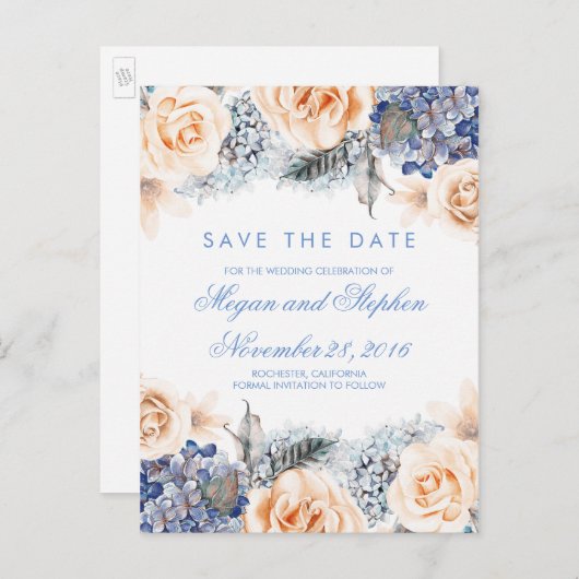 青と桃の花の水色保存日付 案内ポストカード (正面/裏面)