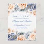 青と桃の花の水色保存日付 案内ポストカード (正面)