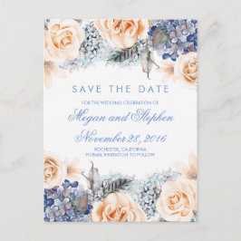 青と桃の花の水色保存日付 案内ポストカード