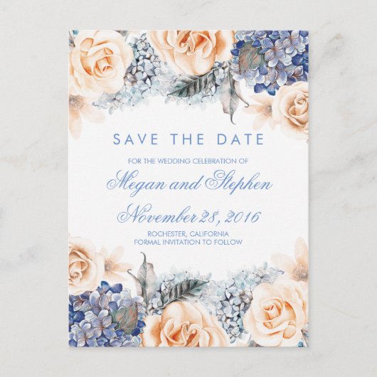 青と桃の花の水色保存日付 案内ポストカード (正面)