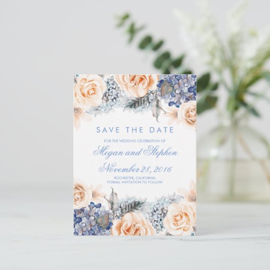 青と桃の花の水色保存日付 案内ポストカード (スタンド正面)