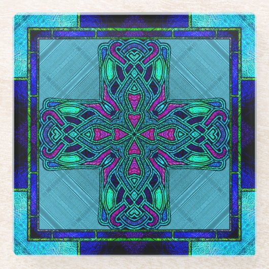 青と水色のステンドグラス ケルトン十字架 ガラスコースター (正面)
