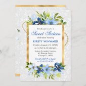 青と海軍の夏の花ゴールドフォイル甘い16 招待状 (正面/裏面)