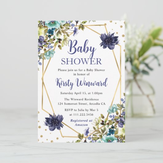 青と海軍の夏の花フレーム赤ちゃんシャワー 招待状 (スタンド正面)