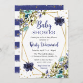 青と海軍の夏の花フレーム赤ちゃんシャワー 招待状 (正面/裏面)