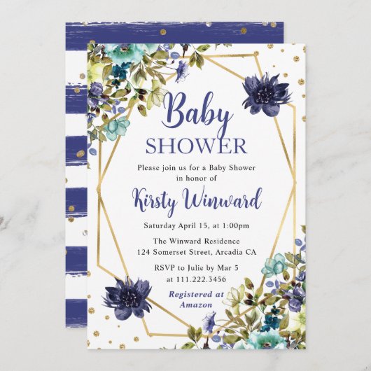 青と海軍の夏の花フレーム赤ちゃんシャワー 招待状 (正面/裏面)
