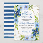 青と海軍の花金ゴールドフレーム甘い16 招待状 (正面/裏面)
