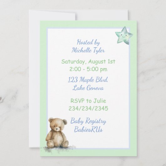 青と淡い色の緑の双子の男の子の赤ちゃんシャワー 招待状 (裏面)